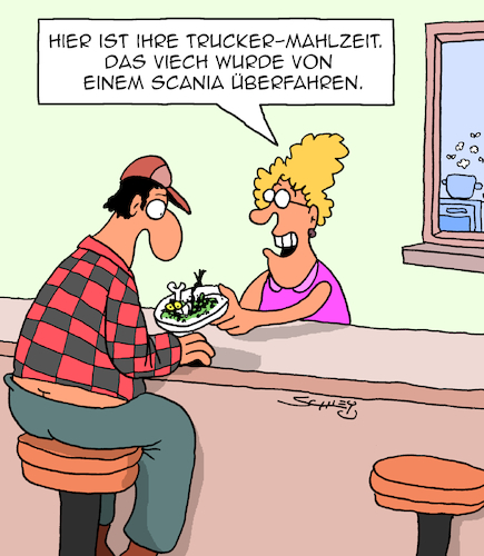 Cartoon: Trucker-Mahlzeit (medium) by Karsten Schley tagged fernfahrer,lkw,raststätten,ernährung,spezialitäten,transport,service,wirtschaft,gesellschaft,fernfahrer,lkw,raststätten,ernährung,spezialitäten,transport,service,wirtschaft,gesellschaft