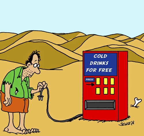 Cartoon: Umsonst (medium) by Karsten Schley tagged wüste,klima,hitze,ernährung,technik,männer,energie,wüste,ernährung,hitze,technik,männer,energie