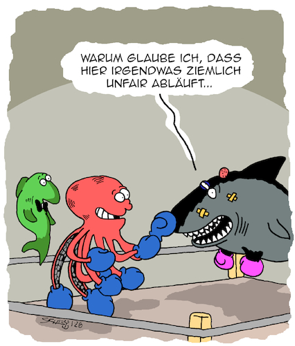 Cartoon: Unfair!! (medium) by Karsten Schley tagged sport,boxen,fairness,octopusse,haie,tiere,natur,ozeane,gewinner,verlierer,wettkämpfe,gesellschaft,sport,boxen,fairness,octopusse,haie,tiere,natur,ozeane,gewinner,verlierer,wettkämpfe,gesellschaft