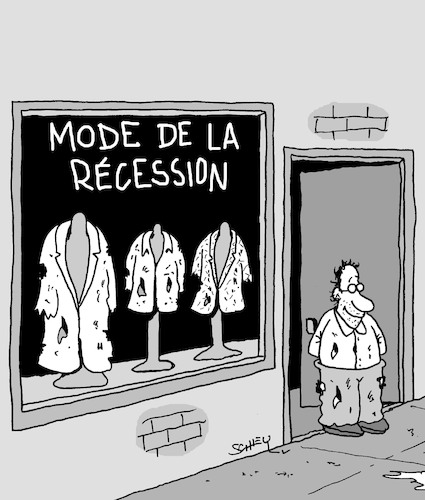 Cartoon: Vetements adaptes (medium) by Karsten Schley tagged mode,recession,crise,economique,politique,emplois,faillites,pauvrete,societe,mode,recession,crise,economique,politique,emplois,faillites,pauvrete,societe