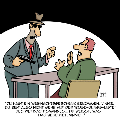 Cartoon: Was soll es bedeuten... (medium) by Karsten Schley tagged kriminalität,gangster,justiz,recht,und,ordnung,verbrechen,weihnachten,weihnachtsmann,waffen,kriminalität,gangster,justiz,recht,und,ordnung,verbrechen,weihnachten,weihnachtsmann,waffen