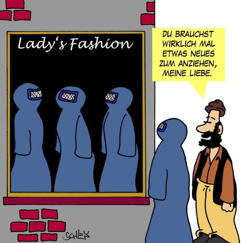 Cartoon: Was zum Anziehen (medium) by Karsten Schley tagged religion,muslime,islam,frauen,mode,damenmode,religion,muslime,islam,frauen,mode,damenmode