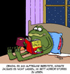 Cartoon: ALPTRAUM! (small) by Karsten Schley tagged tiere,schlaflosigkeit,frösche,literatur,bücher,alpträume,horror,lesen,unterhaltung,frankreich,ernährung,essen,kochen