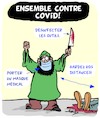 Cartoon: Ensemble contre Covid! (small) by Karsten Schley tagged masques,pandemies,mort,distance,societe,religion