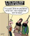 Cartoon: The Taliban in Germany (small) by Karsten Schley tagged bureaucracy,germany,afghanistan,taliban,politics,refugees,regulations,society