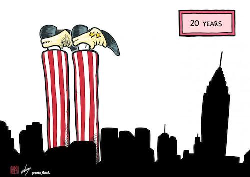Cartoon: 20 years fall (medium) by rodrigo tagged 911,anniversary,usa,new,york,twin,towers,wtc,terror,terrorist,attacks,al,qaeda,bin,laden,international,politics,world,history,war,islamic,extremism