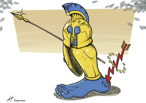 Cartoon: Achilles heel of world economy (medium) by rodrigo tagged european,union,eu,world,economy,finance,euro,recession,crisis,achilles,heel
