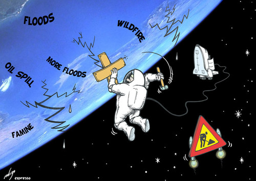 Cartoon: Broken Earth (medium) by rodrigo tagged earth,planet,ecology,environment,tragedy,flood,earthquake,wildfire,oil,spill,famine