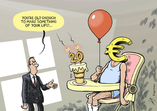 Cartoon: Euro grows old (medium) by rodrigo tagged euro,european,union,eu,europe,currency,anniversary,birthday