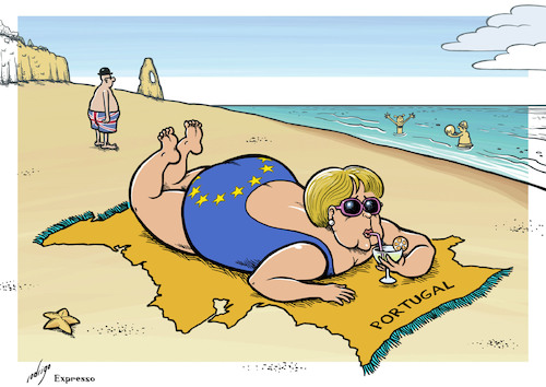 Cartoon: Eurobeach (medium) by rodrigo tagged portugal,tourism,angela,merkel,europe,european,union,united,kingdom,uk,beach,summer,vacation