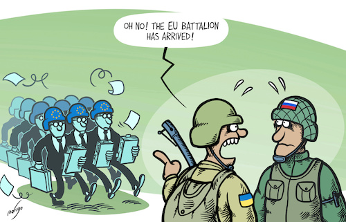 Cartoon: Eurocratic forces (medium) by rodrigo tagged ukraine,europe,europeanunion,countries,kiev,russia,troops,military,discussions,bureaucracy,donaldtrump,trump,usa,presidential,election,army,intervention,moscow,washington,leaders,international,politics,ukraine,europe,europeanunion,countries,kiev,russia,troops,military,discussions,bureaucracy,donaldtrump,trump,usa,presidential,election,army,intervention,moscow,washington,leaders,international,politics