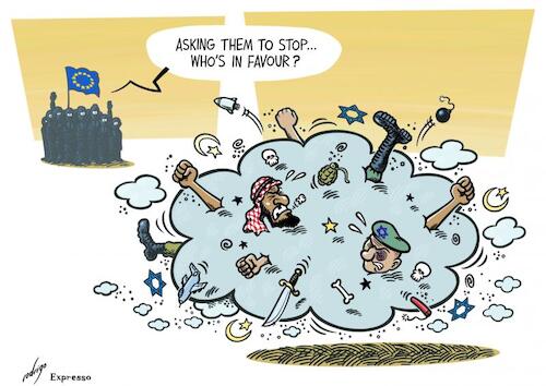 Cartoon: Europeacemakers (medium) by rodrigo tagged israel,palestine,hamas,europe,eu,leaders,society,summit,humanitarian,cease,fire,war,military,terror,attack,bombing,gaza,palestinians,international,politics,conflict