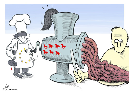 Cartoon: Horsepowered meat (medium) by rodrigo tagged horse,meat,beef,europe,european,union,eu,lasagna,hamburger,sanity,control,health,food
