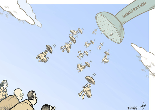 Cartoon: Immigration storm (medium) by rodrigo tagged immigration,immigrants,minorities,discrimination,border,passport,illegal,work