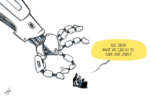 Cartoon: Layofficial Intelligence (medium) by rodrigo tagged economy,technology,ai,artificialintelligence,robots,work,jobs,workers,unemployment,international,politics,davos,worldeconomicforum,economy,technology,ai,artificialintelligence,robots,work,jobs,workers,unemployment,international,politics,davos,worldeconomicforum