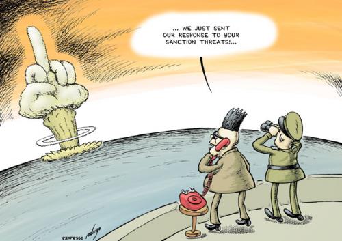 Cartoon: North Korea nuclear bomb (medium) by rodrigo tagged north,korea,nuclear,bomb,kim,jong,il,war,missile,weapon,militar