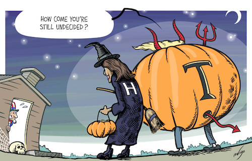 Cartoon: Politrick-or-treating (medium) by rodrigo tagged usa,election,kamala,harris,kamalaharris,donaldtrump,trump,undecided,voters,presidential,candidates,campaign,support,voting,republicans,democrats,halloween,international,politics,america,americans,populism,usa,election,kamala,harris,kamalaharris,donaldtrump,trump,undecided,voters,presidential,candidates,campaign,support,voting,republicans,democrats,halloween,international,politics,america,americans,populism