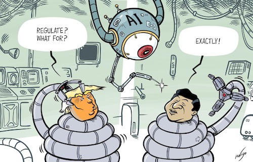 Cartoon: Regulaxity (medium) by rodrigo tagged ai,artificialintelligence,technology,regulation,china,usa,trump,xi,international,politics,diplomacy,washington,beijing,donaldtrump,xijinping,computer,science,robotics,internet,ai,artificialintelligence,technology,regulation,china,usa,trump,xi,international,politics,diplomacy,washington,beijing,donaldtrump,xijinping,computer,science,robotics,internet