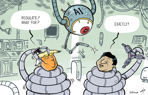 Cartoon: Regulaxity (medium) by rodrigo tagged ai,artificialintelligence,internet,robotics,science,computer,xijinping,donaldtrump,beijing,washington,diplomacy,politics,international,xi,trump,usa,china,regulation,technology,ai,artificialintelligence,internet,robotics,science,computer,xijinping,donaldtrump,beijing,washington,diplomacy,politics,international,xi,trump,usa,china,regulation,technology