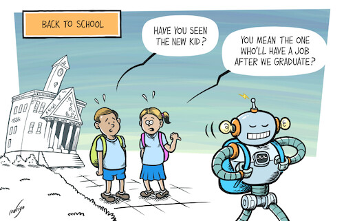 Cartoon: The Tech-over (medium) by rodrigo tagged school,education,students,ai,artificialintelligence,tech,science,technology,future,robotics,androids,automation,workforce,economy,productivity,humans,population,finance,redundancies,layoffs,jobs,work,youth,international,society,politics,school,education,students,ai,artificialintelligence,tech,science,technology,future,robotics,androids,automation,workforce,economy,productivity,humans,population,finance,redundancies,layoffs,jobs,work,youth,international,society,politics