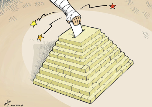 Cartoon: The violent democracy of Egypt (medium) by rodrigo tagged egypt,cairo,protest,rally,giza,clash,violence,pyramid,revolution,democracy,elections