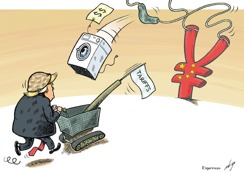 Cartoon: Trade war on China (medium) by rodrigo tagged donald,trump,us,trade,war,china,import,export,economy,commerce,tariffs
