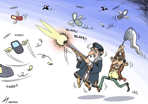 Cartoon: Tweet hunting in Iran (medium) by rodrigo tagged twitter,iran,ahmadinejad,ali,khamenei,ayatollah,president,elections
