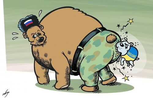 Cartoon: Ukraine bites back (medium) by rodrigo tagged ukraine,russia,territory,kyiv,moscow,military,war,invasion,donbas,kursk,incursion,politics,international,army,vladimirputin,volodymyrzelenskyy,putin,zelenskyy