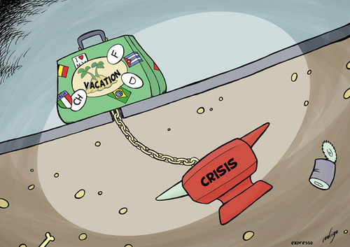 Cartoon: Vacation (medium) by rodrigo tagged financial,crisis,eu,european,union,recession,debt,euro,money,vacation,travel,holiday