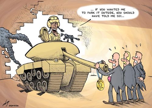 Cartoon: War and Peace by Obama (medium) by rodrigo tagged barack,obama,us,usa,president,war,nobel,prize,afghanistan