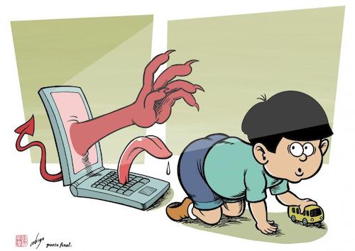 Cartoon: X-rated childhood (medium) by rodrigo tagged child,abuse,pornography,children,pedophilia,adult,society,education,crime,family,law,internet,technology,confinement,lockdown