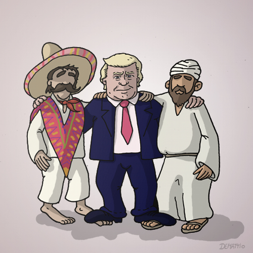 Cartoon: Trump and mexicans and muslims (medium) by Rainer Demattio tagged amerika,falsch,fremdenfeindlichkeit,freunde,fuß,intoleranz,islam,mexikaner,mexiko,muslime,politik,politiker,präsident,religion,schuhe,sombrero,toleranz,trump,turban,usa,and