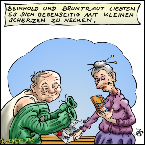 Cartoon: Beinhold und Bruntraut (medium) by KritzelJo tagged scherze,verbandskasten,mausefalle,spinnen,frau,mann