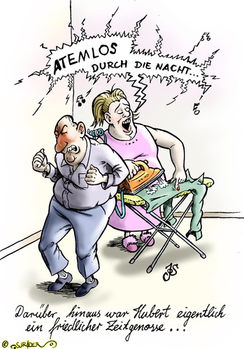 Cartoon: Die Aggressionsschwelle (medium) by KritzelJo tagged ohrwurm,mann,frau,bügelbrett,bügeleisen,gesang,schmerzen,aggression