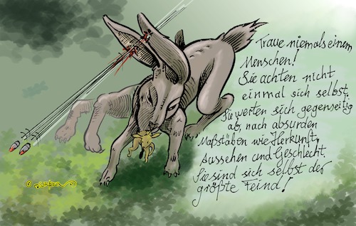 Cartoon: Hasenjagd (medium) by KritzelJo tagged hasen,jagd,patronen,menschen,wald