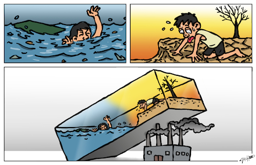 Cartoon: 2 disasters 1 culprit (medium) by cartoonistzach tagged climate,change,disaster,flood,drought,greenhouse,gas,environment,climate,change,disaster,flood,drought,greenhouse,gas,environment