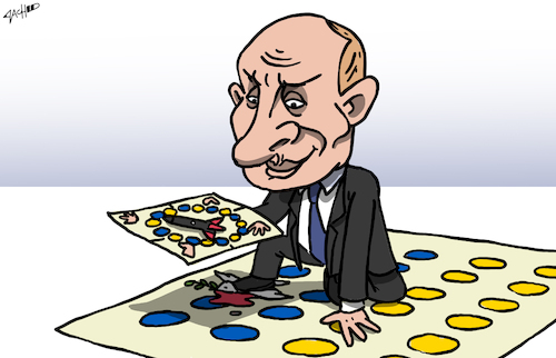 Cartoon: Twister (medium) by cartoonistzach tagged russia,ukraine,putin,twister,war,invasion,game,russia,ukraine,putin,twister,war,invasion,game