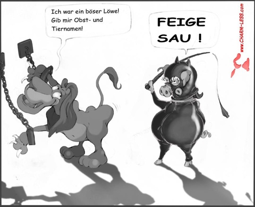 Cartoon: Shades of Grey (medium) by Charmless tagged sm,shades,of,grey,löwe,schwein,peitsche