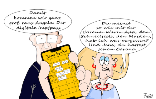 Cartoon: digitaler Impfpass (medium) by Fish tagged impfpass,digitaler,freiimpfem,schnelltest,masken,corona,warn,app,covid,19,lockdown,lockerungen,impfprivilegien,lockeungen,jens,spahn,angela,merkel,handy,wlan,internet,cdu