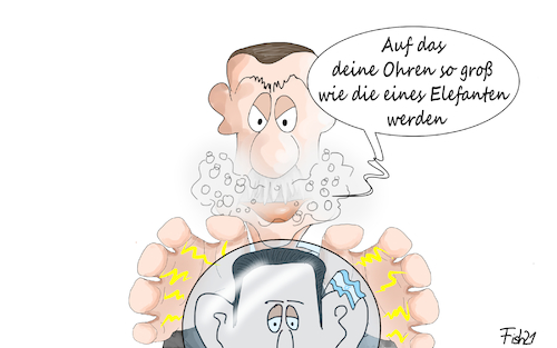 Cartoon: Erdogan verflucht Kurz (medium) by Fish tagged erdogan,kurz,türkei,österreich,gaza,hamas,israel,konflikt,nahost,raketen,flagge,glaskugel,fluch,blitze,ohren,schaum,vor,dem,mund