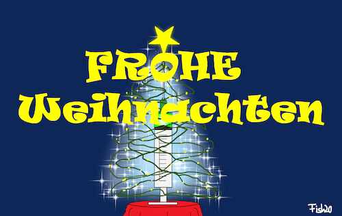 Cartoon: Frohe Weihnachten (medium) by Fish tagged weihnachten,frohe,spritze,weihnachtsbaum,wünsche,kerzen,schmuck,kugeln,lichter,lametta,tisch