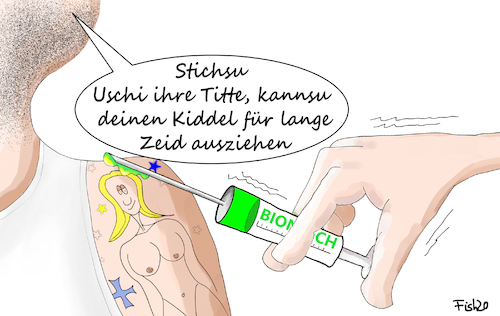 Cartoon: Impfen ist gefährlich (medium) by Fish tagged impfen,corona,biontech,pfizer,vcine,pandemie,impfstart,uschi,tätowierung,spritze,kittel,arzt,drohung,gewalt,pflegeheim,nackte,frau,tätoo