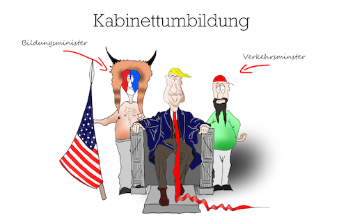 Cartoon: Kabinettumbildung USA (medium) by Fish tagged usa,trump,kabinett,umbildung,verkehrsminister,bildungsminister,sturm,gewalt,anhänger,hörnermann