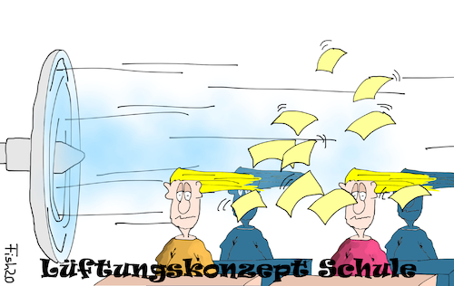 Cartoon: Lüftungskonzept Schule (medium) by Fish tagged lüften,corona,aerosole,schule,schüler,ansteckung,ventilator,luftzug,klassenzimmer,wind,papier,zettel,lehrer