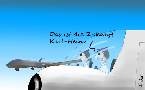 Cartoon: Lufthansa baut Personal ab (medium) by Fish tagged lufthansa,arbeitsplätze,corona,pandemie,piloten,flugzeuge,drohne,entlassungen,zukunft,karl,heinz,fish