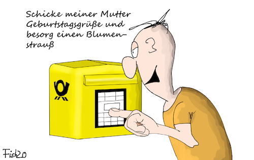 Cartoon: Nachricht an Mutti (medium) by Fish tagged brifkasten,app,wlan,handy,missverständnis,kommunikation,blumen,tasten,social,media,verwandschaft,angehörige,beziehungen,corona,abstand,siri,alexa,amazon,google,assistant