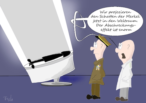 Cartoon: Nato-Weltraumabschreckung (medium) by Fish tagged merkel,nato,weltraum,all,krieg,abwehr,stoltenberg,militär,verteidigung