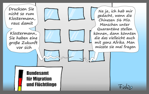 Cartoon: Quarantäne (medium) by Fish tagged coronavirus,virus,krank,krankheit,china,pandemie,abriegelung,afrika,flüchtlinge,flucht,migranten,bundesamt,für,flüchtliche,und,migration,klostermann,zukunft