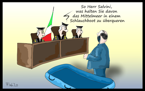 Cartoon: Salvini vor Gericht (medium) by Fish tagged salvini,italien,mittelmeer,flüchtlinge,migration,flucht,vertreibung,gericht,richter,schlauchboot