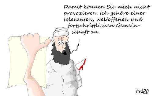 Cartoon: Toleranz (medium) by Fish tagged toleranz,weltoffenheit,fortschrittlichkeit,islam,islamisten,attentäter,provokation,karikaturen,mohammed,abbildung,verbot,bilderverbot